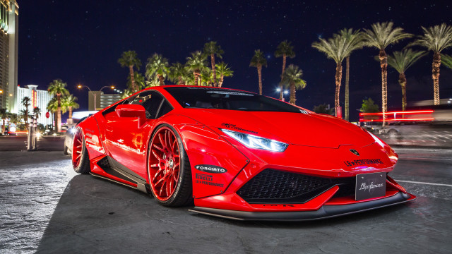 Red sports car night palm free wallpaper for desktop - medium preview image