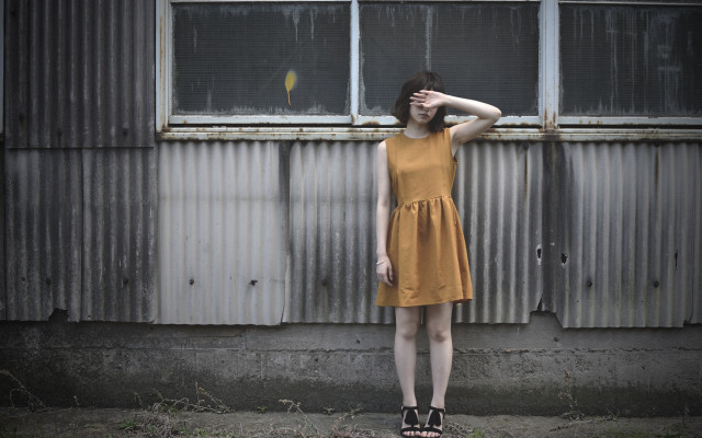Yellow dress standing rain outdoors free wallpaper for desktop - medium preview image