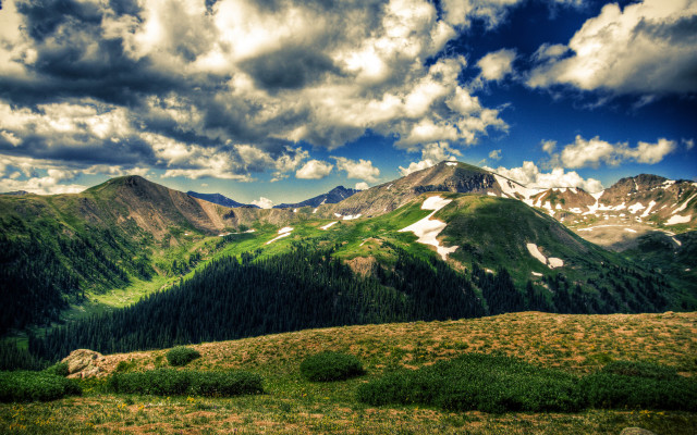 Mountain range clouds grassy field free wallpaper for desktop - medium preview image