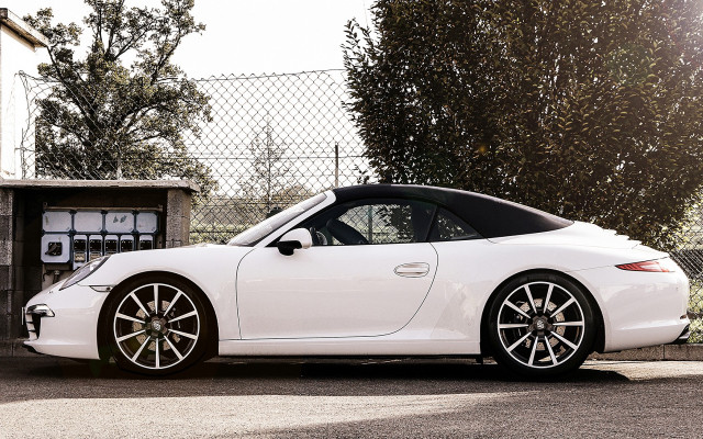 White sports car fence tree free wallpaper for desktop - medium preview image