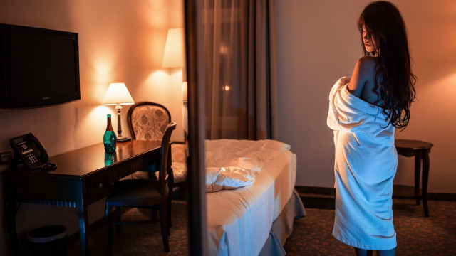 Woman white dress hotel room free wallpaper for desktop - medium preview image