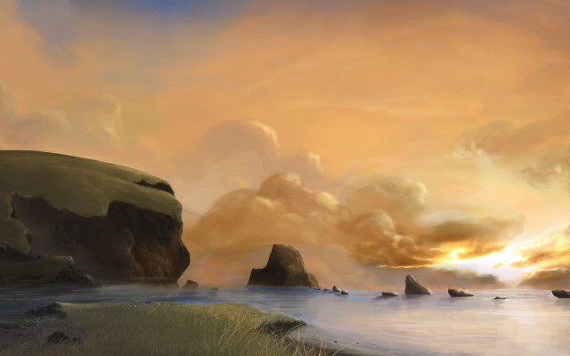 Sunset mountain water fantasy matte free wallpaper for desktop - medium preview image