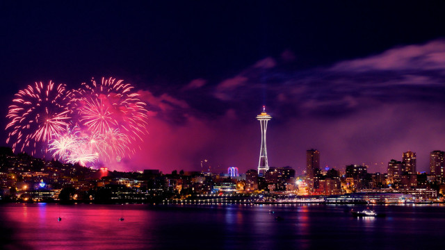 City skyline fireworks bridge lake free wallpaper for desktop - medium preview image