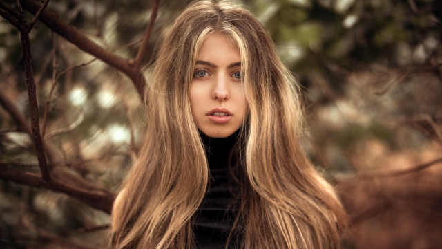 Woman longhair tree serious portrait free wallpaper for desktop - medium preview image