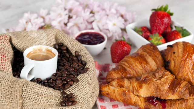 Coffee croissant strawberries food photorealism free wallpaper for desktop - medium preview image