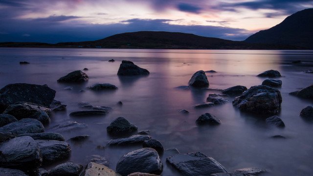 Rocky beach mountain dusk purple free wallpaper for desktop - medium preview image