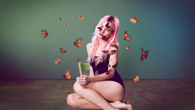 Pink hair woman butterflies autumn free wallpaper for desktop - medium preview image