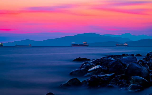 Mystical mountain shore sunset ship free wallpaper for desktop - medium preview image