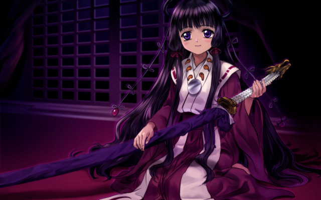 Purple woman sword kimono miko free wallpaper for desktop - medium preview image