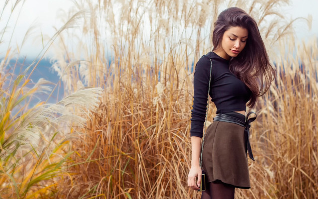 Woman field autumn brown skirt free wallpaper for desktop - medium preview image