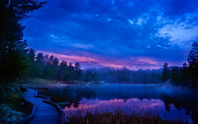 Wooden walkway lake dusk purple free wallpaper for desktop - medium preview image
