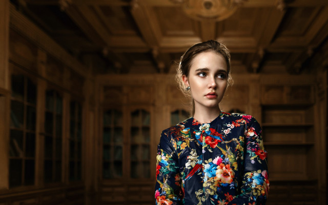 Woman floral dress library chandelier free wallpaper for desktop - medium preview image