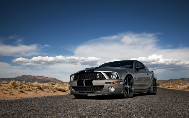 Silver mustang desert road clouds free wallpaper for desktop - medium preview image