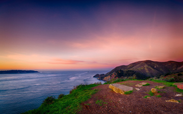 Cliff bench ocean sunset pink free wallpaper for desktop - medium preview image