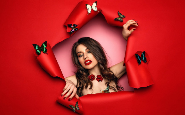 Red lipstick butterfly nails fashion free wallpaper for desktop - medium preview image