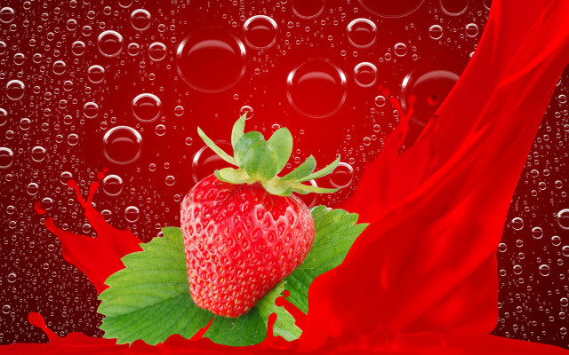 Strawberry greenleaf waterdroplets redcloth bubble free wallpaper for desktop - medium preview image