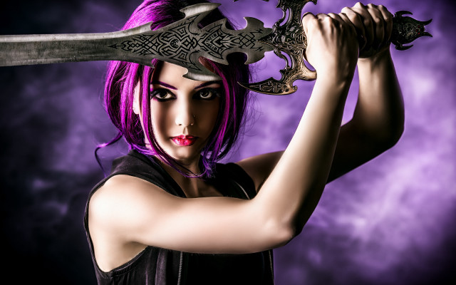 Purple haired sword wielding woman free wallpaper for desktop - medium preview image