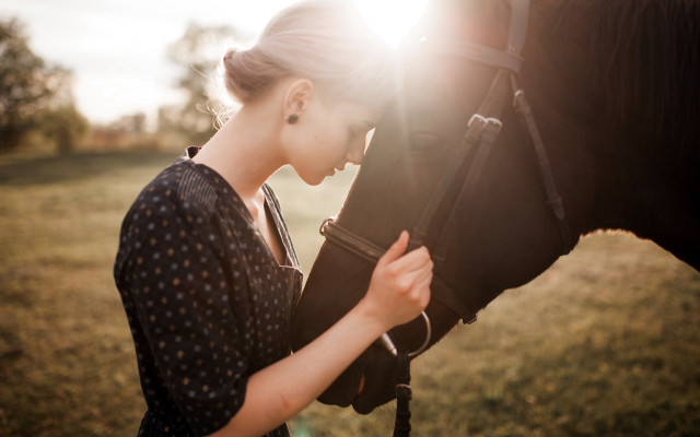 Woman horse field sunshine polkadot free wallpaper for desktop - medium preview image