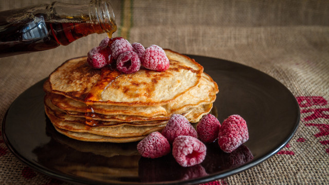 Pancakes raspberries syrup plate food free wallpaper for desktop - medium preview image