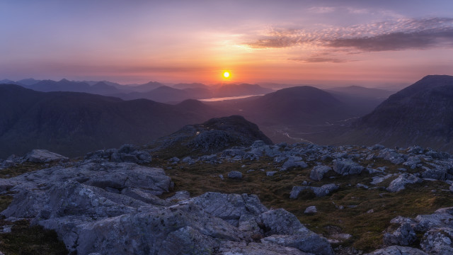 Sunset mountain lake river shore free wallpaper for desktop - medium preview image