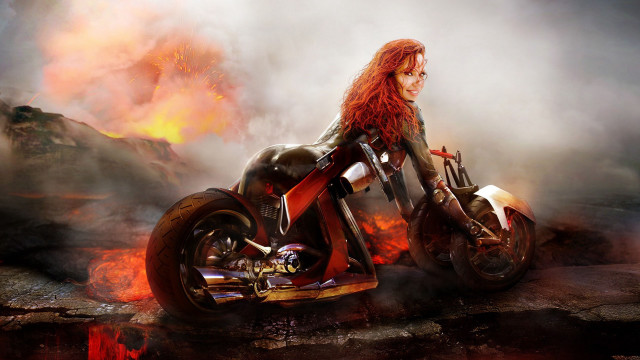 Red haired woman motorcycle fire free wallpaper for desktop - medium preview image