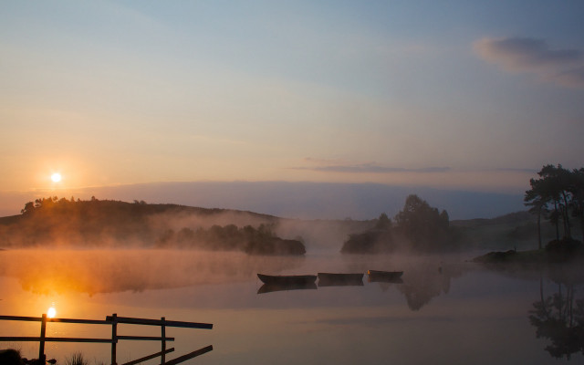 Misty lake sunset trees city free wallpaper for desktop - medium preview image