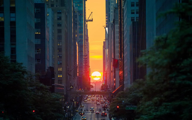 Cityscape sunset street tallbuildings traffic free wallpaper for desktop - medium preview image