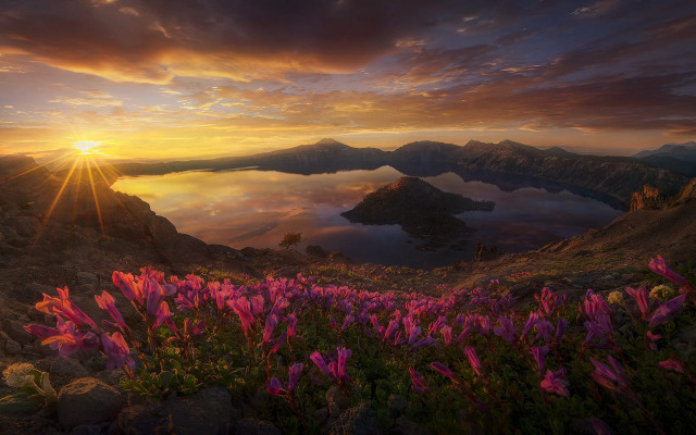 Sunset mountains lake flowers cityscape free wallpaper for desktop - medium preview image