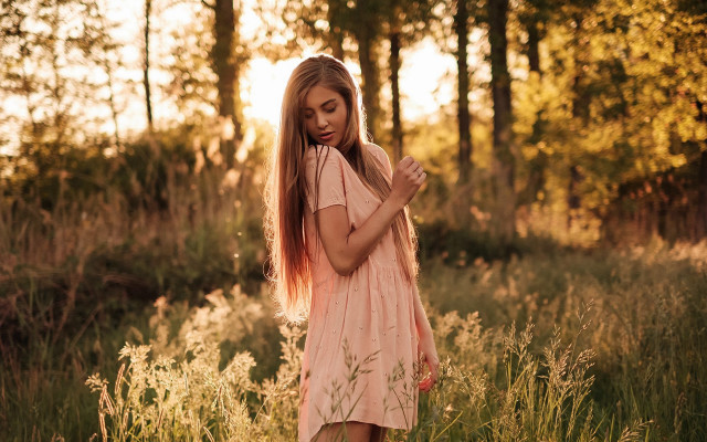 Woman pink dress field autumn free wallpaper for desktop - medium preview image