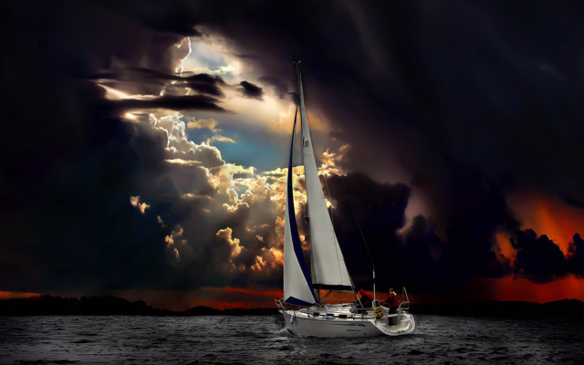 Sailboat ocean cloudy sky fullmoon free wallpaper for desktop - medium preview image