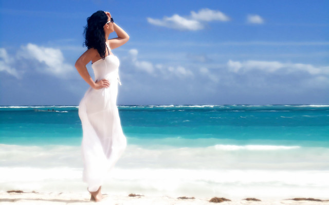 Woman beach white dress ocean free wallpaper for desktop - medium preview image