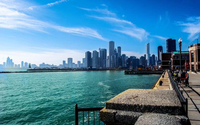 City skyline water pier beach free wallpaper for desktop - medium preview image