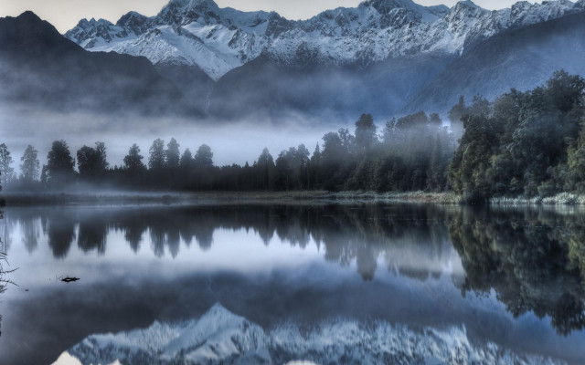 Lake mountains fog bird trees free wallpaper for desktop - medium preview image