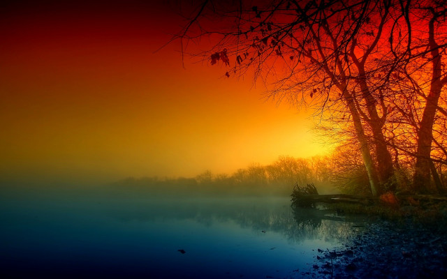 Lake trees red sky sunset free wallpaper for desktop - medium preview image