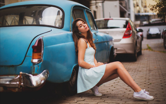 Woman dress leaning car outdoors free wallpaper for desktop - medium preview image