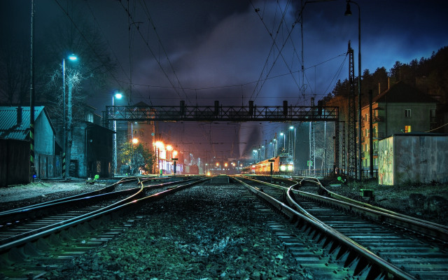 Train night cityscape lights bridge free wallpaper for desktop - medium preview image