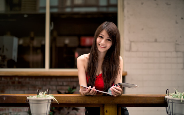 Woman table potted plant brick free wallpaper for desktop - medium preview image