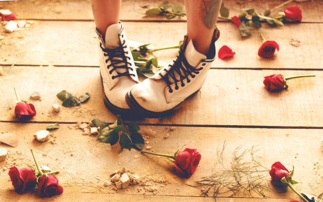 Person wooden floor flowers shoes free wallpaper for desktop - medium preview image