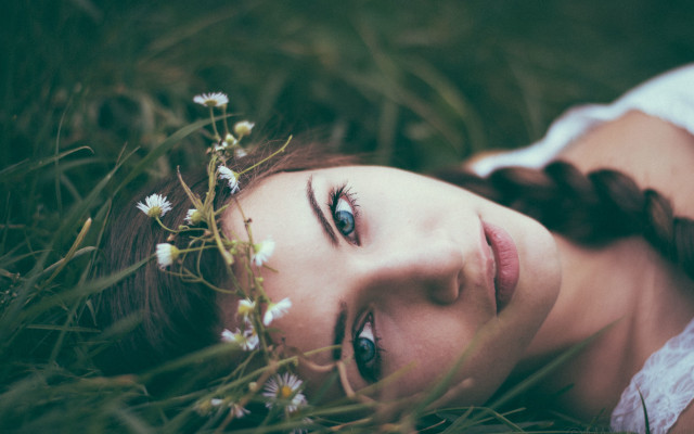 Woman grass flowers headwreath brownhair free wallpaper for desktop - medium preview image