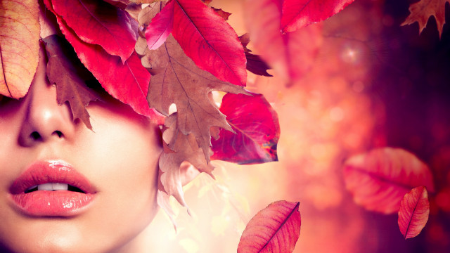 Woman red leaves red lipstick free wallpaper for desktop - medium preview image