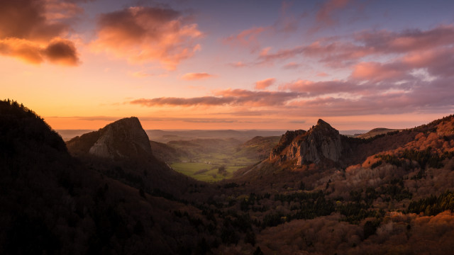 Sunset valley mountains clouds trees #2 free wallpaper for desktop - medium preview image