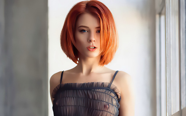 Red hair woman window sill free wallpaper for desktop - medium preview image