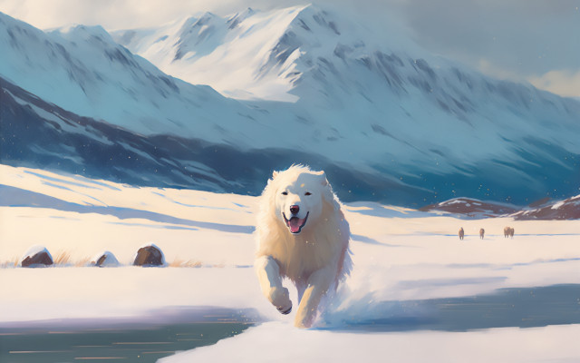 Polar bear running snow mountains free wallpaper for desktop - medium preview image
