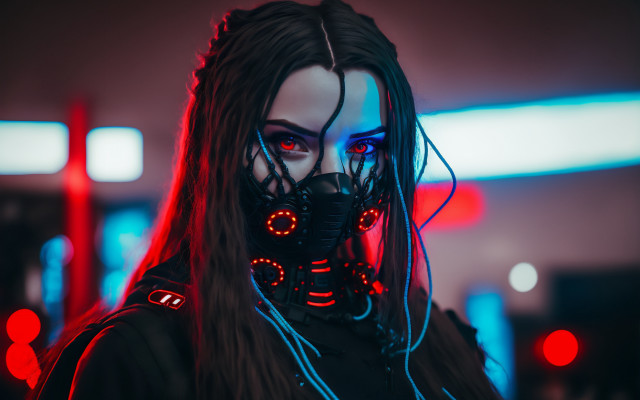 Cyberpunk woman gasmask redlights glowing free wallpaper for desktop - medium preview image