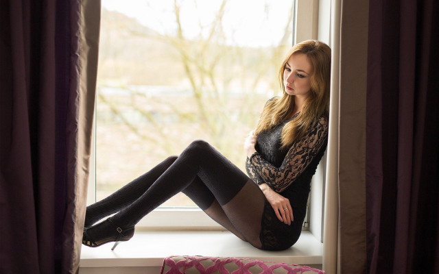 Woman sitting window blonde highheels free wallpaper for desktop - medium preview image