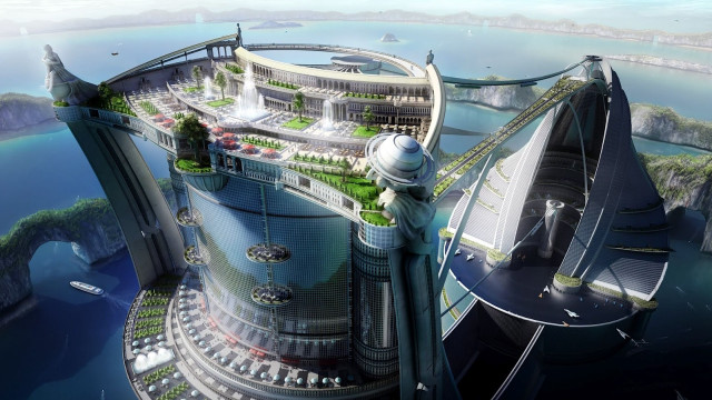 Futuristic city bridge buildings water free wallpaper for desktop - medium preview image