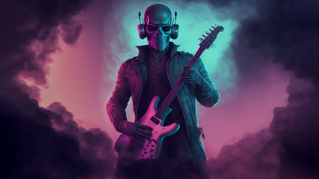 Man headphones guitar cloudy sky free wallpaper for desktop - medium preview image