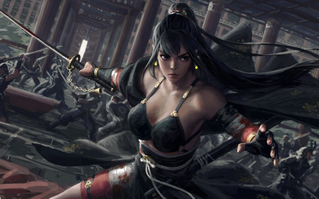 Woman sword city fantasy armor free wallpaper for desktop - medium preview image