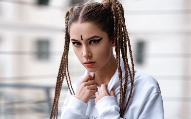 Woman braid white shirt portrait free wallpaper for desktop - medium preview image