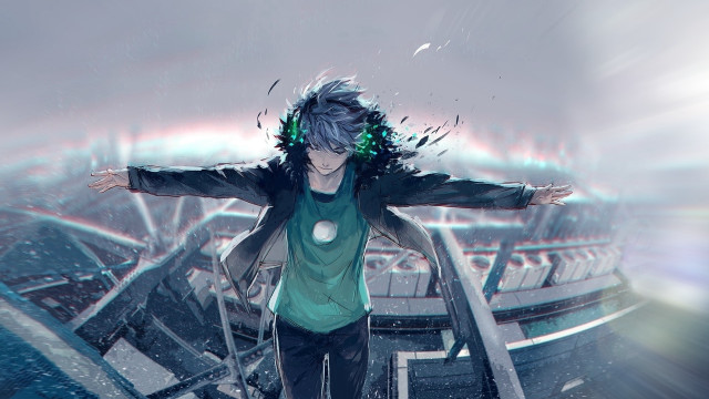 Man standing staircase rain outstretched free wallpaper for desktop - medium preview image